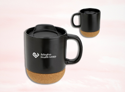 Custom imprinted Ceramic Mug with Cork Base for Arlington, TX with a local business logo