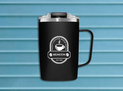 Custom imprinted Travel Mug for Arlington, TX with a local business logo