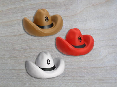 Custom imprinted Cowboy Hat Stress Reliever for Arlington, TX with a local business logo